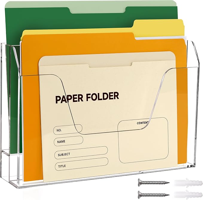 Acrylic Hanging Wall File Organizer, 2-Tier Mail Organizer Wall Mounted Magazine Wall File Holder, Paper Folder Organizer for Office, Desk, School