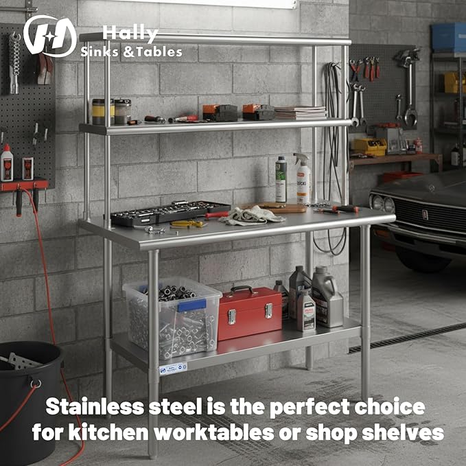 Hally Double Overshelf of Stainless Steel 12'' x 30'' Weight Capacity 340lb, Commercial 2 Tier Shelf for Prep & Work Table in Restaurant, Home and Kitchen