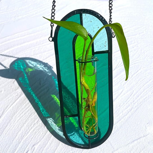 LITMIND Stained Glass Plant Propagation Station, Hanging Hydroponic Planter Terrarium with 2 Glass Tubes - Perfect for Home & Garden Décor