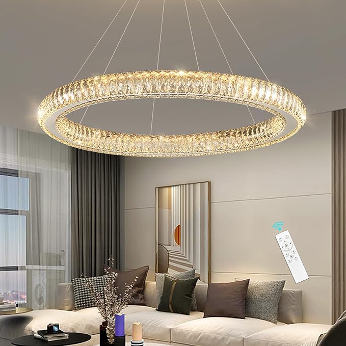 Modern Ring Chandelier LED Dimmable Living Room Chanderliers Entryway High Ceiling Crystal Ring Pendant Lights for Dining Room Bedroom Silver Interior Light
