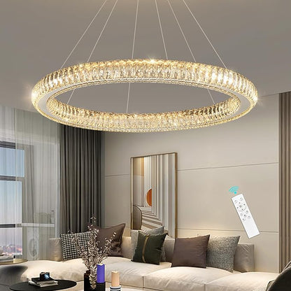 Modern Ring Chandelier LED Dimmable Living Room Chanderliers Entryway High Ceiling Crystal Ring Pendant Lights for Dining Room Bedroom Silver Interior Light