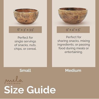 Mela Artisans Wooden Fruit Bowl | Light Burnt Finish | 9” Decorative Mango Wood Serving Bowl | Multipurpose for Kitchen Countertop | Salad | Dessert | Snacks | Breads & More | Natural Grain Pattern