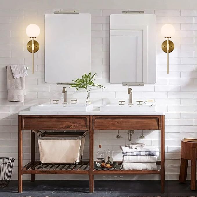 Gold Wall Sconce Set of 2 with White Globe Glass Shades Modern Mid Century Bathroom Vanity Wall Light Fixtures Industrial Brushed Brass Wall Lamp for Bedroom Mirror Living Room Restaurant