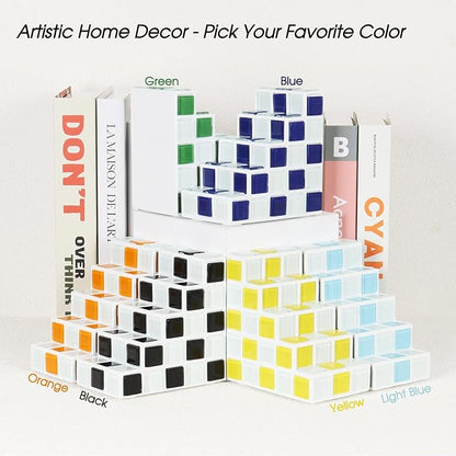 Decorative Bookends for Shelves - Stair Book Ends for Heavy Books - Unique Book Stopper & Holder for Shelves - Modern Home Decor Aesthetic Bookshelf Decor (Blue & White)