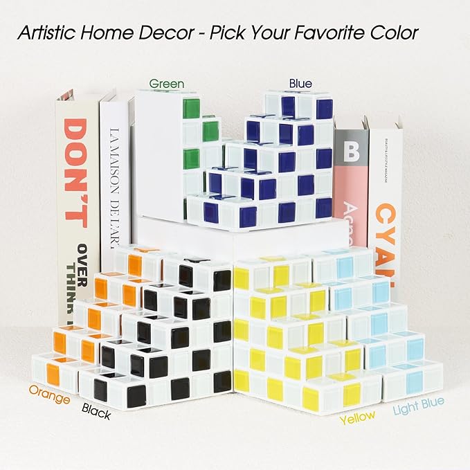 Decorative Bookends for Shelves - Stair Book Ends for Heavy Books - Unique Book Stopper & Holder for Shelves - Modern Home Decor Aesthetic Bookshelf Decor (Orange & White)