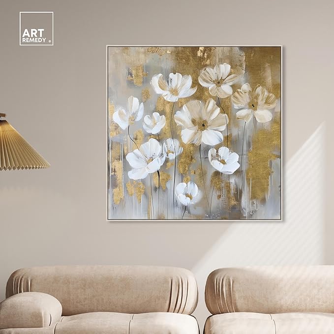 Art Remedy Golden Daisies Canvas Elegant White Gold Wall Art, Silver Frame, 40" x 40"