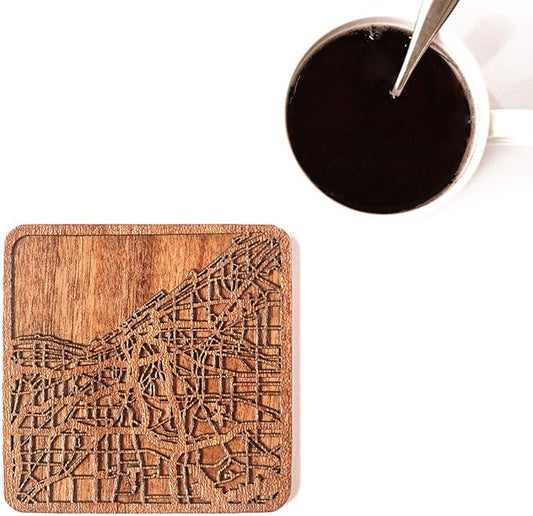 Cleveland Map Coaster, Set of 4, Sapele Wooden Coaster with city map, Multiple city optional, Handmade