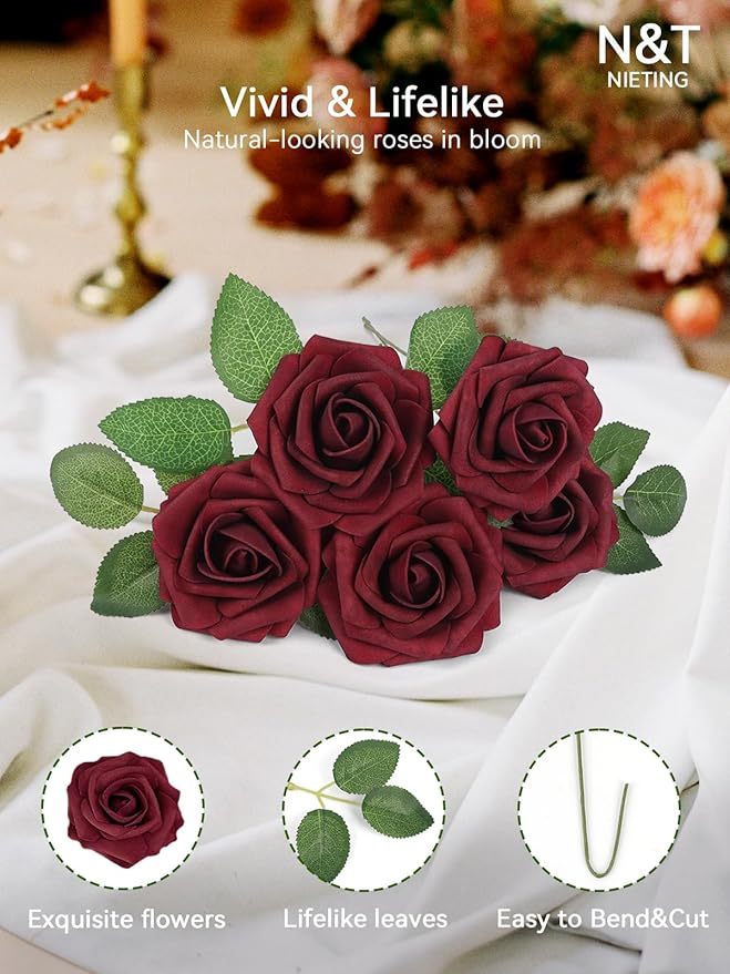 N&T NIETING Artificial Flowers - Fake Flowers Dark Red Roses Perfect DIY Wedding Bouquets Centerpieces Bridal Shower Party Home Flower Arrangement Decorations, 50Pcs