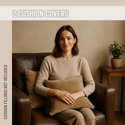 2 Pack Velvet Decorative Throw Pillow Covers, 12"x20", Beige and Brown, Solid, Modern, Contrast Piping, Indoor Use, Bedroom & Living Room