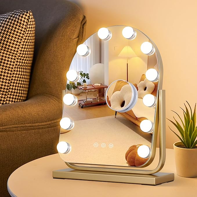Vanity Mirror with Lights,17.3"×13" Lighted Makeup Mirror with 12 Dimmable LED Bulbs,10X Magnification Smart Touch Control Hollywood Mirror with Lights,3 Colors Dimmable,360° Rotation (Gold)