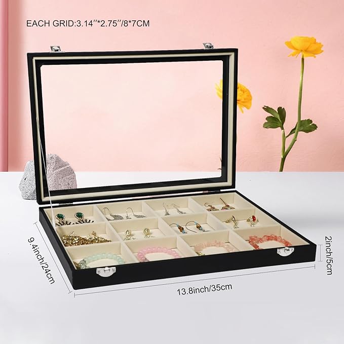 Stratalife Jewelry Organizer Bracelet Holder Organizer Box Earring Storage Drawer Jewelry Display Anti Tarnish Ring Holder For Women Girls 12 Grid (Beige Black)