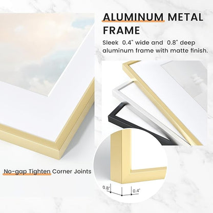 18x24 inch Metal Poster Frame - 18 x 24 Thin Aluminum Picture Frames Matted for 16x20 Photos, Artworks, Prints, Puzzle - High Definition Plexiglass - Vertical and Horizontal Display - Wall Hook Hanging Hardware Included - Gold, 4 Pack