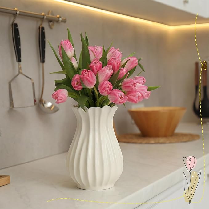 Large White Vintage 9 Inch Pleated Ceramic Vase Sour Cream Stylish Decorative Flower Vase for Bouquet Home Farmhouse Living Room Cabinet Table Centerpieces Kitchen Shelf Wedding Decorations