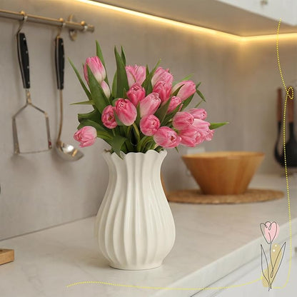 Large White Vintage 9 Inch Pleated Ceramic Vase Sour Cream Stylish Decorative Flower Vase for Bouquet Home Farmhouse Living Room Cabinet Table Centerpieces Kitchen Shelf Wedding Decorations