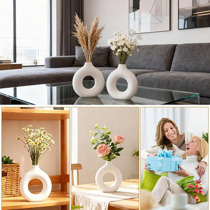 White Ceramic Vase, 2Pcs Round Boho Style Pampas Grass Home Vases, Minimalist Modern Donut Flower Vase for Living Room Office Wedding Coffee Table Decor