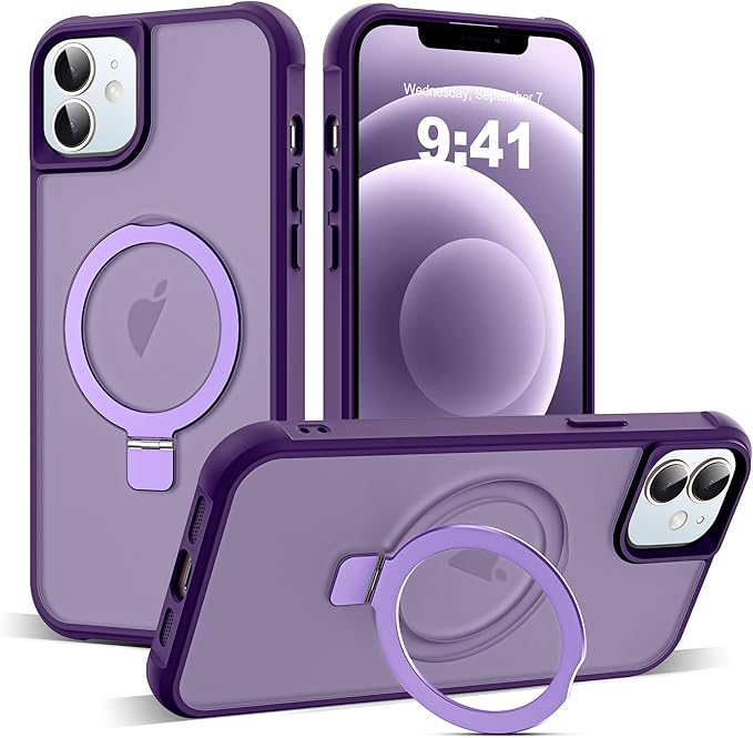 Compatible with iPhone 12 Case & iPhone 12 Pro Case with Invisible Magnetic O-Ring Stand Translucent Phone Cases 6.1" [Compatible with Mag-Safe][Great Grip Feeling], Purple