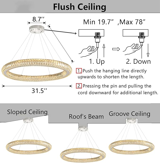 Modern Ring Chandelier LED Dimmable Living Room Chanderliers Entryway High Ceiling Crystal Ring Pendant Lights for Dining Room Bedroom Silver Interior Light