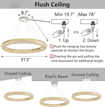 Modern Ring Chandelier LED Dimmable Living Room Chanderliers Entryway High Ceiling Crystal Ring Pendant Lights for Dining Room Bedroom Silver Interior Light