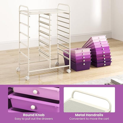 HAPPYGRILL 15-Drawer Rolling Cart, Storage Carts with Removable Drawers & Steel Frame, Utility Cart on Lockable Wheels for Home, School, Office (Purple Gradient)