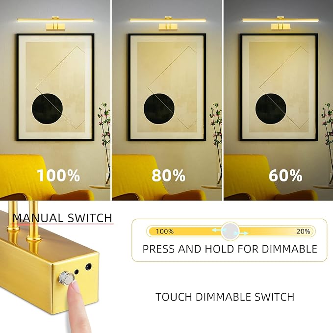 FUNCHDAY Picture Light,5000mAh Battery Operated Picture Light for Wall,Wireless Remote Painting Light with Timer and Dimmable,16”Metal Art Light for Display,Wall,Artwork,Portrait,Gallery -Brass