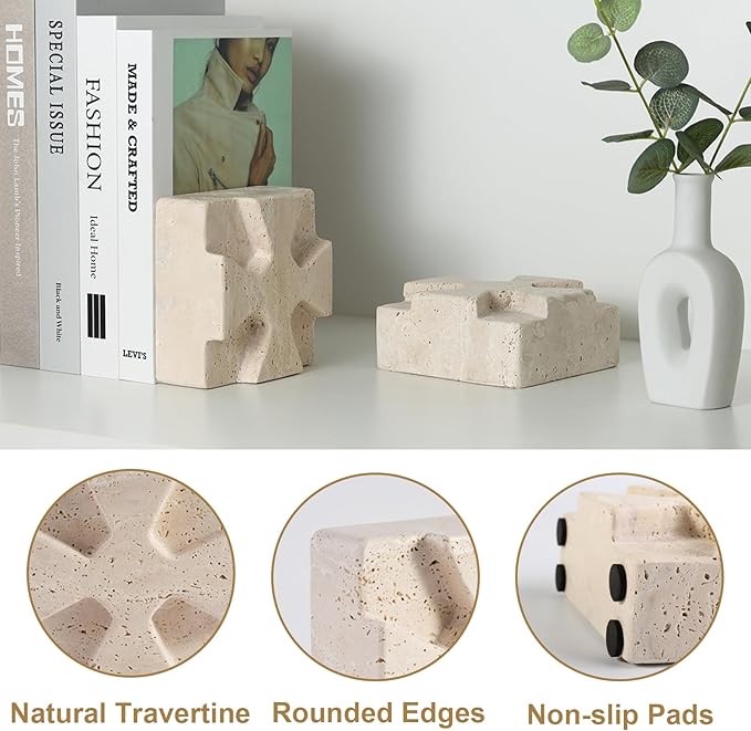 Natural Marble Square Book Ends, Heavy Duty Bookends for Shelves, Non-Skid Stone Book Holders, Unique Modern Aesthetic Office Bookshelf Decor for Books/CDs(Travertino Turkey)