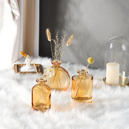Joeyan Amber Glass Bud Vase Set of 3 - Decorative Rustic Flower Vase - Small Bottle Vase Centerpieces for Wedding, Home, Office, Table Décor