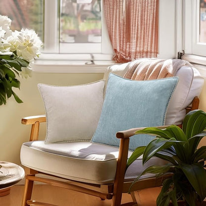 decorUhome Spring Chenille Soft Throw Pillow Covers 18x18 Set of 2, Farmhouse Velvet Neutral Decorative Pillow Covers with Stitched Edge for Couch Sofa Bed Home Decor, Aqua Haze