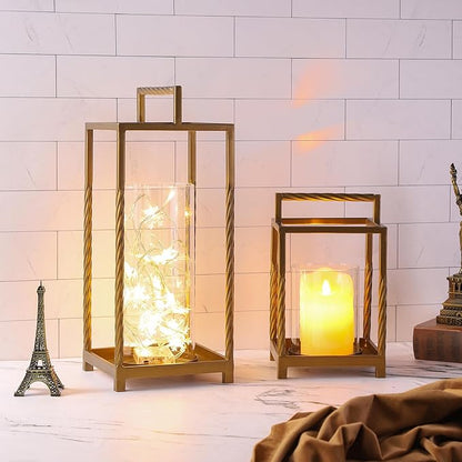 Modern Metal Lantern with Contrast Frame with Glass Cylinder (Brass, 6"x10")