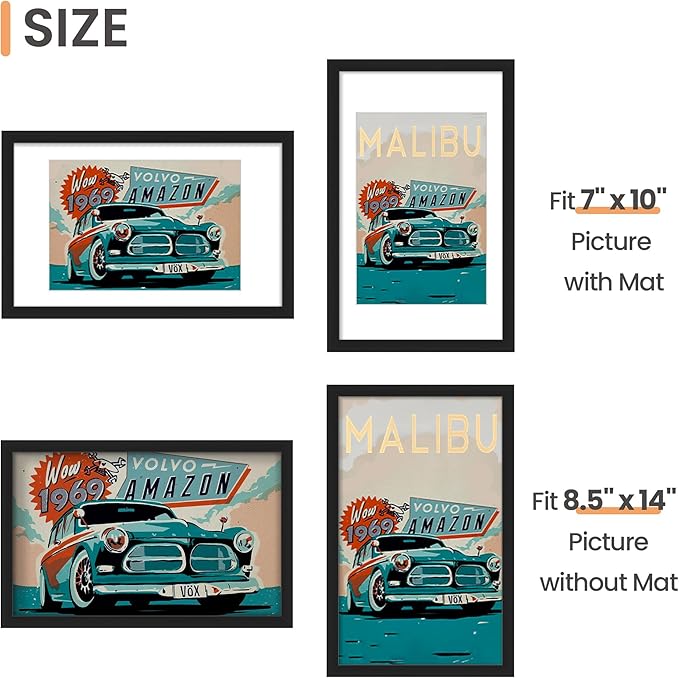 upsimples 8.5x14 Picture Frame Set of 5, Display Pictures 7x10 with Mat or 8.5x14 Without, Wall Gallery Photo Frames, Black