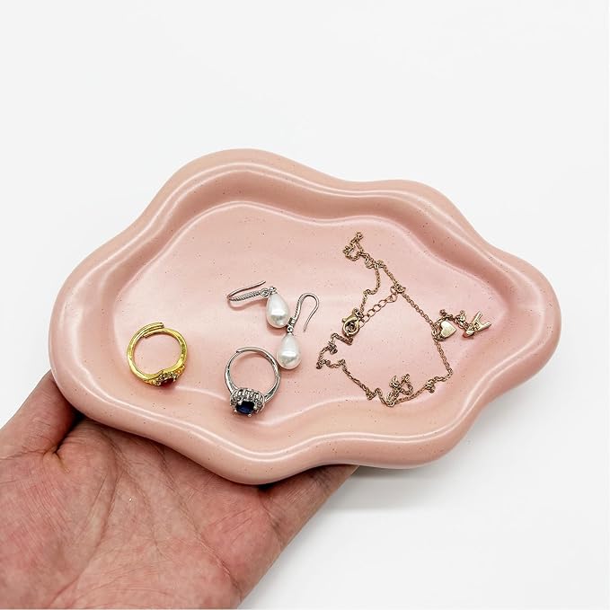 Ceramic Jewelry Tray, Jewelry Dish for Women, Small Ring Dish, Pink Cloud Tray Nightstand Decor Jewlery Plate Ring Holder Dish, Gift for Mom Trinket Tray Jewelry Bowl for Keys, Perfume,Candles