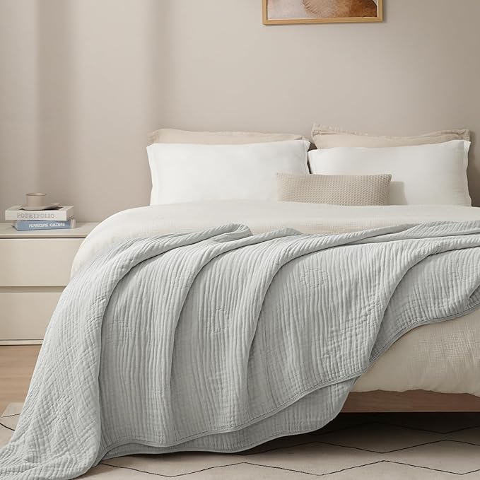 PHF Cooling Muslin Blanket Twin Size 60"x80", 6-Layer Lightweight Gauze Blanket Made from 35% Rayon Derived from Bamboo & 65% Cotton, Breathable & Ultra Soft Cozy for Hot Sleepers, Harbor Mist
