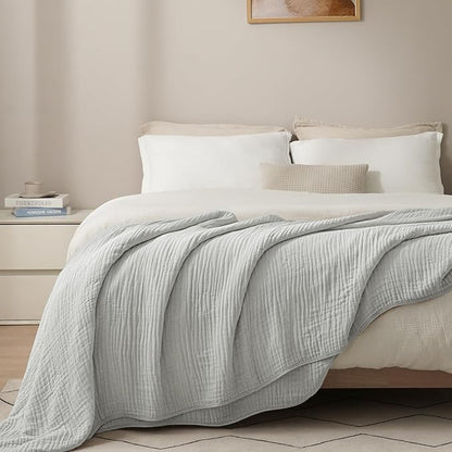 PHF Cooling Muslin Blanket Twin Size 60"x80", 6-Layer Lightweight Gauze Blanket Made from 35% Rayon Derived from Bamboo & 65% Cotton, Breathable & Ultra Soft Cozy for Hot Sleepers, Harbor Mist