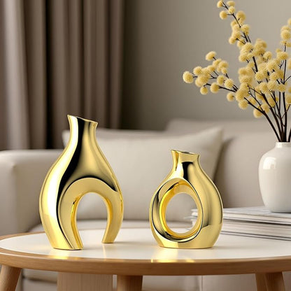 Gold Modern Abstract Ceramic Vases for Home Decor,Nordic Snuggle Hollow Design for Flowers Pampas Grass Decorative,for Living Room Coffee Table Centerpiece,Entrance,Console (Gold)