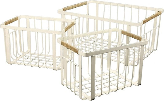 happimess BSK3003C-3SET Henley Vintage Farmhouse Wire Metal Nesting Storage Baskets with Jute Wrapped Handles for Shelves, Cabinets, Pantry, Countertop, Mesh Open Bin Basket, Almond (Set of 3)