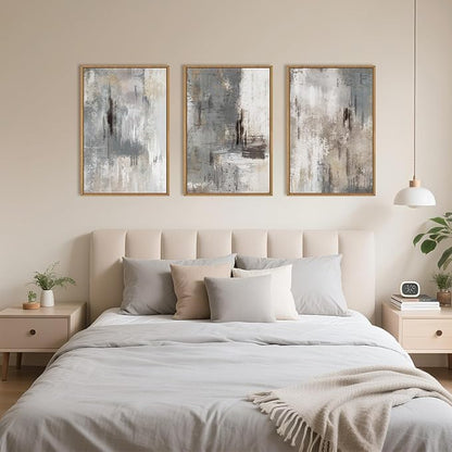 Large Abstract Grey and Beige Framed Canvas Wall Art,Neutral Brush Stroke Wall Decor,Natural Modern Color Block Artwork,Minimalist Nordic Art Print for Living Room,Bedroom,Office- 24"x36"x3