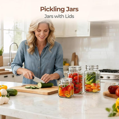 ComSaf Airtight Glass Canister Set of 3 with Lids 51oz Clear Food Storage Jars Square, Kitchen & Pantry Organization Food Storage Container for Canning, Sugar, Flour, Pasta, Candy, Cereal, Coffee
