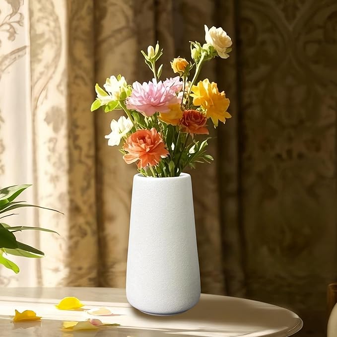 Simple Vase for Flowers Plants, Matte Vases for Modern Table Shelf Home Decor Wedding Boho Decor, 6" H Frosted Elegant Ceramic Vase for Pampas Grass Fluffy Stem Bouquet Lavender Flowers (White, 1)