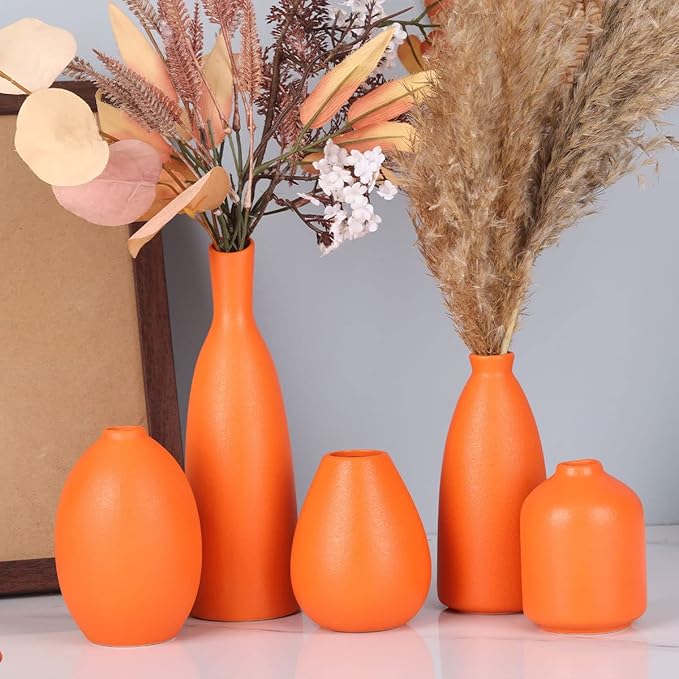 Orange Ceramic Small Vase Set of 5 - Modern Orange Decor Small Bud Vases for Floral Arrangements, Centerpieces for Weddings, Dinner Parties, Table Settings, Foyer, Bathroom Decorations