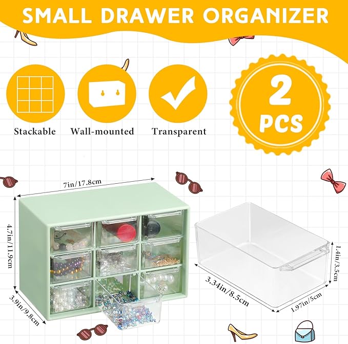 Wenqik 2 Pcs Mini Storage Drawers Teacher Toolbox Organizer with 9 Clear Drawers Small Plastic Desktop Teacher Desk Craft Organizer for Classroom Office 7" x 3. 9" x 4. 7"(Green)