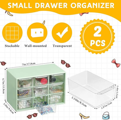 Wenqik 2 Pcs Mini Storage Drawers Teacher Toolbox Organizer with 9 Clear Drawers Small Plastic Desktop Teacher Desk Craft Organizer for Classroom Office 7" x 3. 9" x 4. 7"(Green)