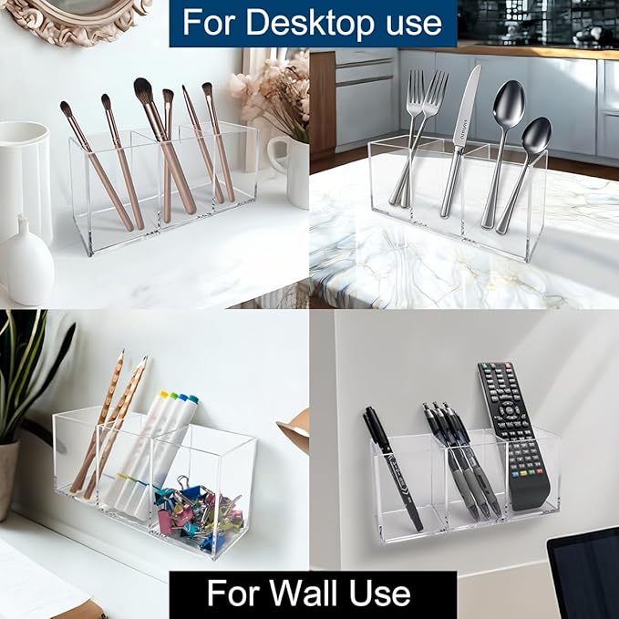 Acrylic Pen and Silverware Holder, Desk Or Wall Mount Storage Organizer,is Perfect for Office, Stationery, Kitchen and Bathroom Caddy,Desk Pencil Accessories.(Clear)