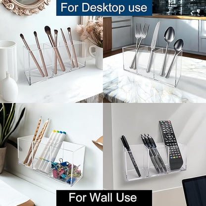 Acrylic Pen and Silverware Holder, Desk Or Wall Mount Storage Organizer,is Perfect for Office, Stationery, Kitchen and Bathroom Caddy,Desk Pencil Accessories.(Clear)