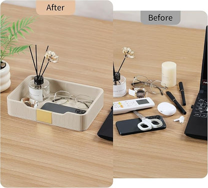 Valet Tray Desktop Storage Organizer, PU Leather Catchall Bedside Vanity Tray with Brass Accents Block Nightstand Organizer for Keys Watch Wallet Phone, Decorative Nightstand Storage (Beige)