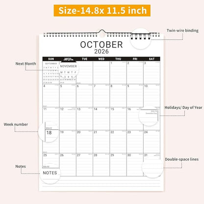 2026 Wall Calendar, 12 Month 11.5”x14.8 ‘’ Year Monthly Organizer from January 2026-2027 Vertical Blank Simple Spiral Bound Wire Hanging Calendar w/ Lines for Family, Home, Kitchen, Office White2