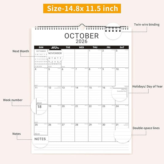 2026 Wall Calendar, 12 Month 11.5”x14.8 ‘’ Year Monthly Organizer from January 2026-2027 Vertical Blank Simple Spiral Bound Wire Hanging Calendar w/ Lines for Family, Home, Kitchen, Office White2