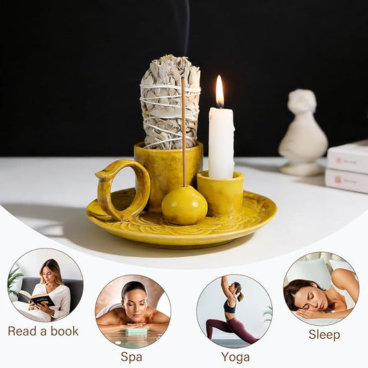 4-Inch 5-in-1 Yellow Ceramic Incense Holder | Multi-Use Smudge Tray for Palo Santo, Sage, Incense Sticks & Cones | Ideal for Candles & Meditation | Zen Altar for Yoga & Aromatherapy