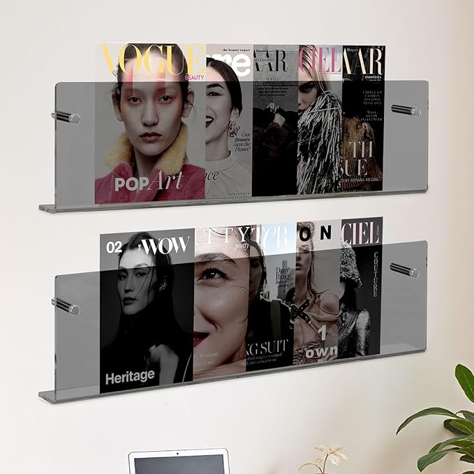 2 Pack Acrylic Magazine Holder, Wall Mounted Magazine Rack Floating Bookshelf for Waiting Room, Living Room, Office, Home (Black, 24 Inch)