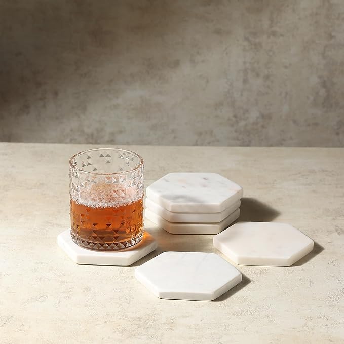 Set of 6 Hexagon Marble Coasters | White Decor for Modern Homes | Drink Coasters for Coffee Table, Dining, Bar or Office| Made from 100% Solid Real Marble | Cute Stone Coasters