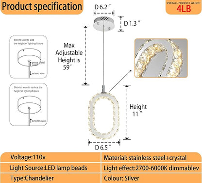 Chrome 1 Ring Pendant Lights Kitchen Island Single Head Crystal Chandeliers Foyer Entrance Modern LED Dimmable Chandeliers