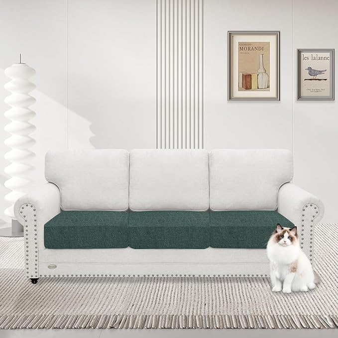 MAXIJIN Waterproof Couch Cushion Covers Stretch Sofa Seat Slipcovers Washable，Sectional Outdoor Cushion Covers with Elastic Bottom for Dogs Pets Kids (3 Pc Cushion Cover, Pea Green)